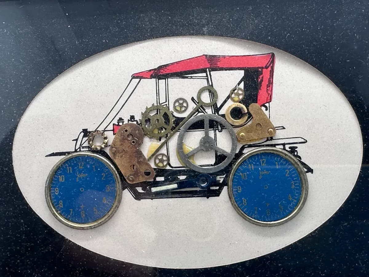 Vintage Watch Parts Art, Veteran Car Made from Clocks & Watches, Framed, Signed Plaque 2