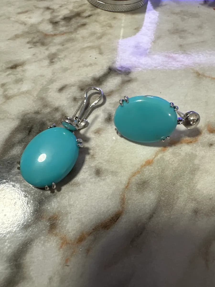 Pair of 14K White Gold Oval Turquoise and Diamond Earrings 10