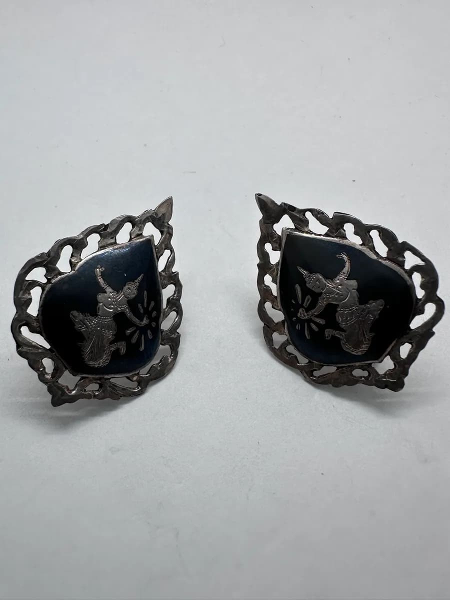 Vintage Siam Sterling Niello Mekkala Goddess Earrings (Thai Dancer)