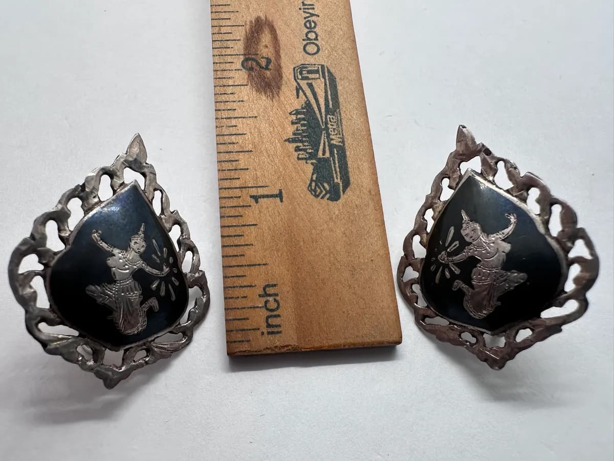 Vintage Siam Sterling Niello Mekkala Goddess Earrings (Thai Dancer) 5