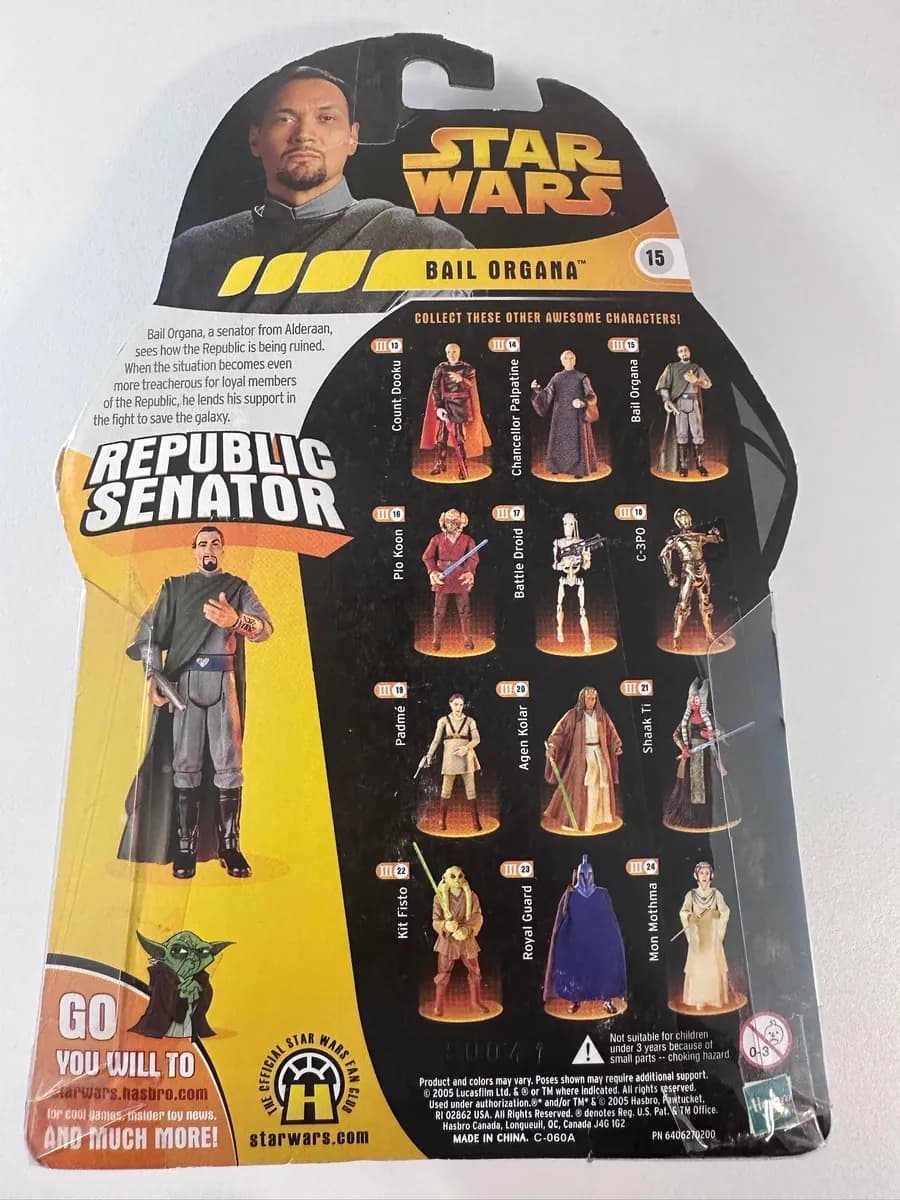 Star Wars Revenge of the Sith Bail Organa #15 Republic Senator, Hasbro 2005, Carded 2