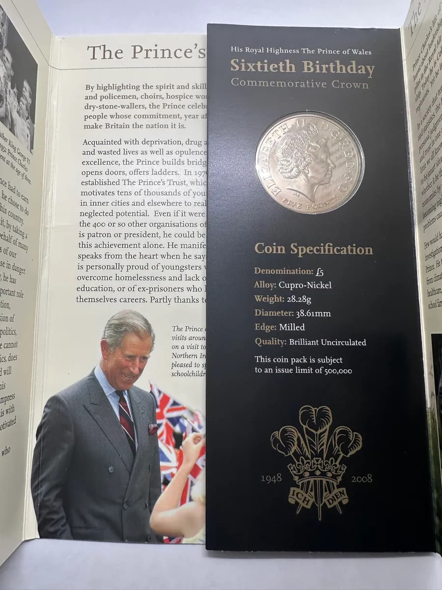 2008 UK £5 Crown, Prince of Wales 60th Birthday, Royal Mint BU Pack 3