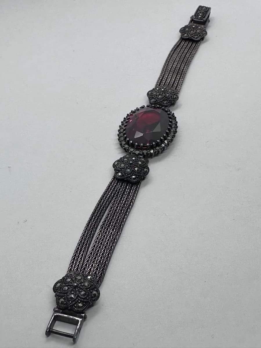 Vintage Polish Sterling Silver Marcasite Multi-Strand Bracelet with Large Red Stone, 37.4g