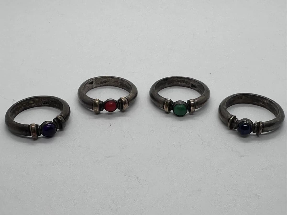 Set of 4 Vintage Silver Rings with Gemstone Cabochons