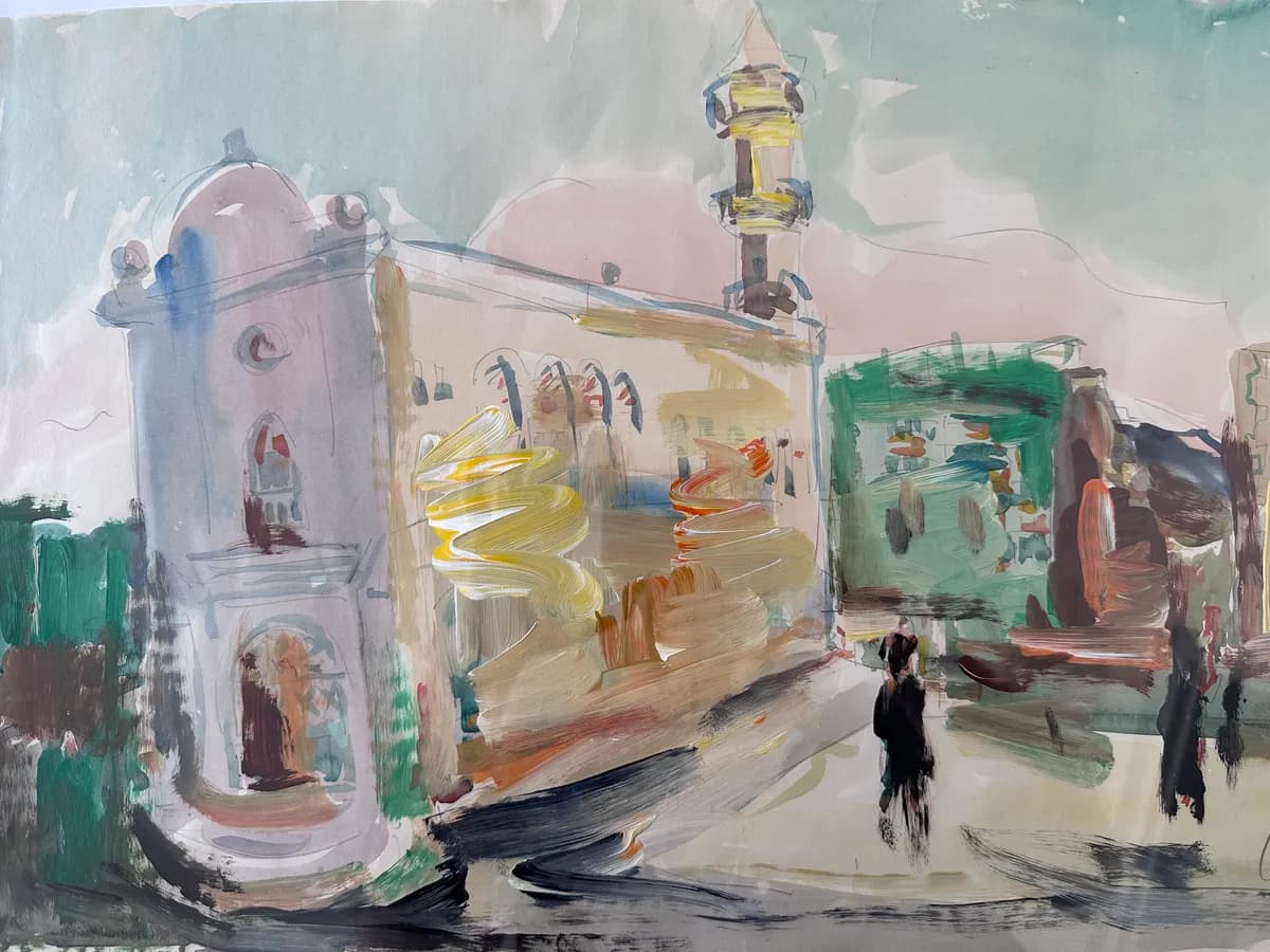 Mordechai Avniel Original Signed Mixed Media on Paper, Cityscape with Minaret, 51x34 cm 2