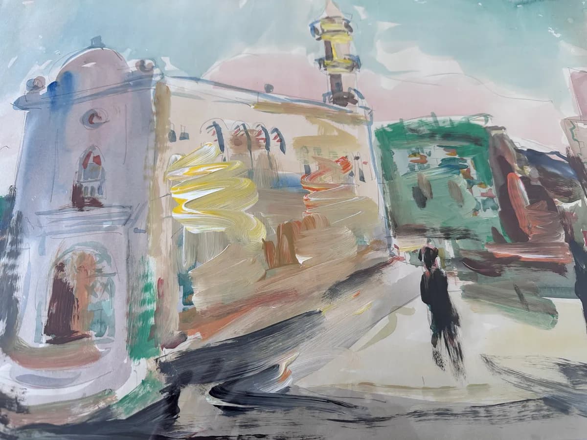 Mordechai Avniel Original Signed Mixed Media on Paper, Cityscape with Minaret, 51x34 cm 3