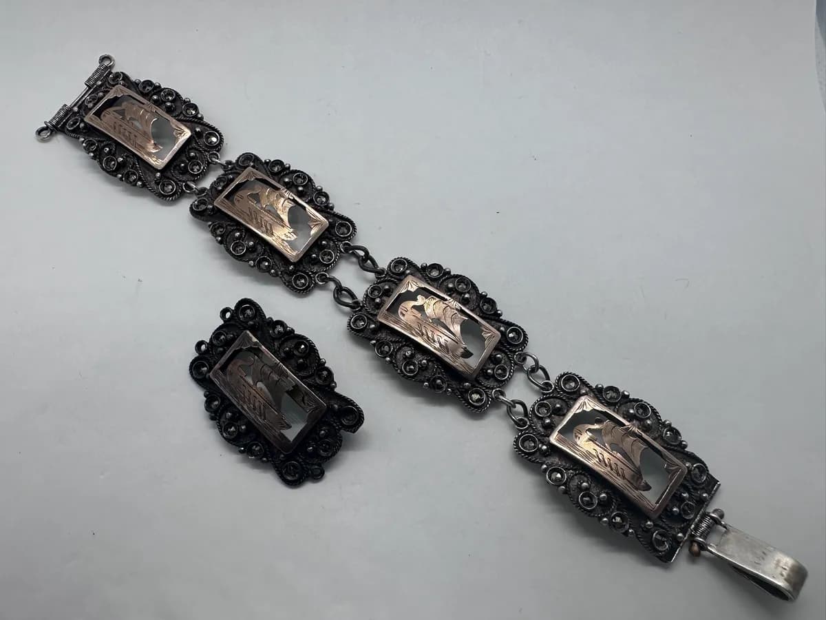 Scandinavian Sterling Silver & 9K Gold Viking Ship Bracelet & Brooch Set