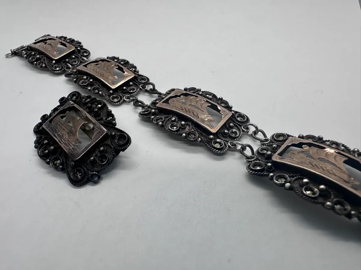 Scandinavian Sterling Silver & 9K Gold Viking Ship Bracelet & Brooch Set 2