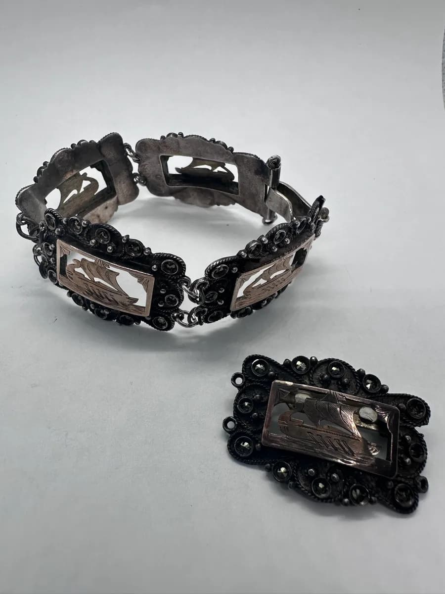 Scandinavian Sterling Silver & 9K Gold Viking Ship Bracelet & Brooch Set 4