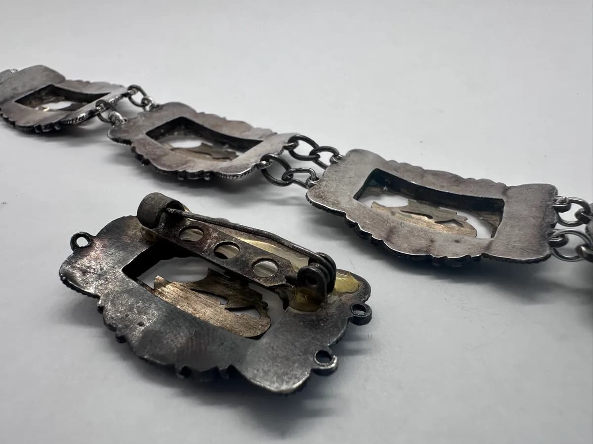 Scandinavian Sterling Silver & 9K Gold Viking Ship Bracelet & Brooch Set 6