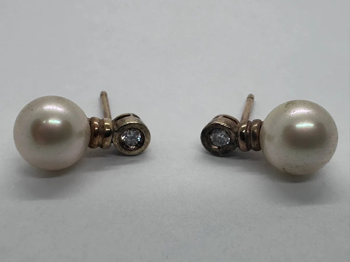 Vintage Majorica 925 Gold-Plated Silver Pearl and CZ Earrings, Spain 2