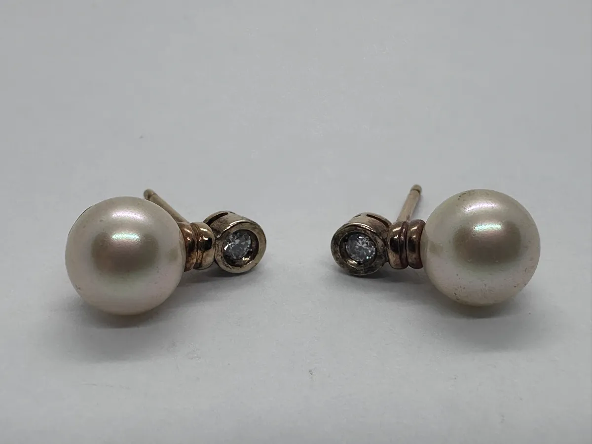 Vintage Majorica 925 Gold-Plated Silver Pearl and CZ Earrings, Spain 4