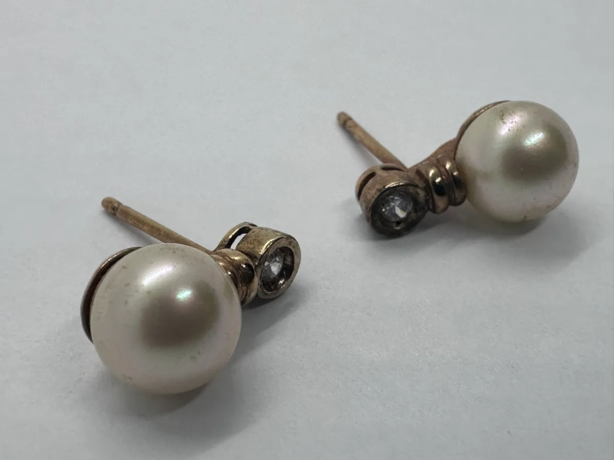 Vintage Majorica 925 Gold-Plated Silver Pearl and CZ Earrings, Spain 5