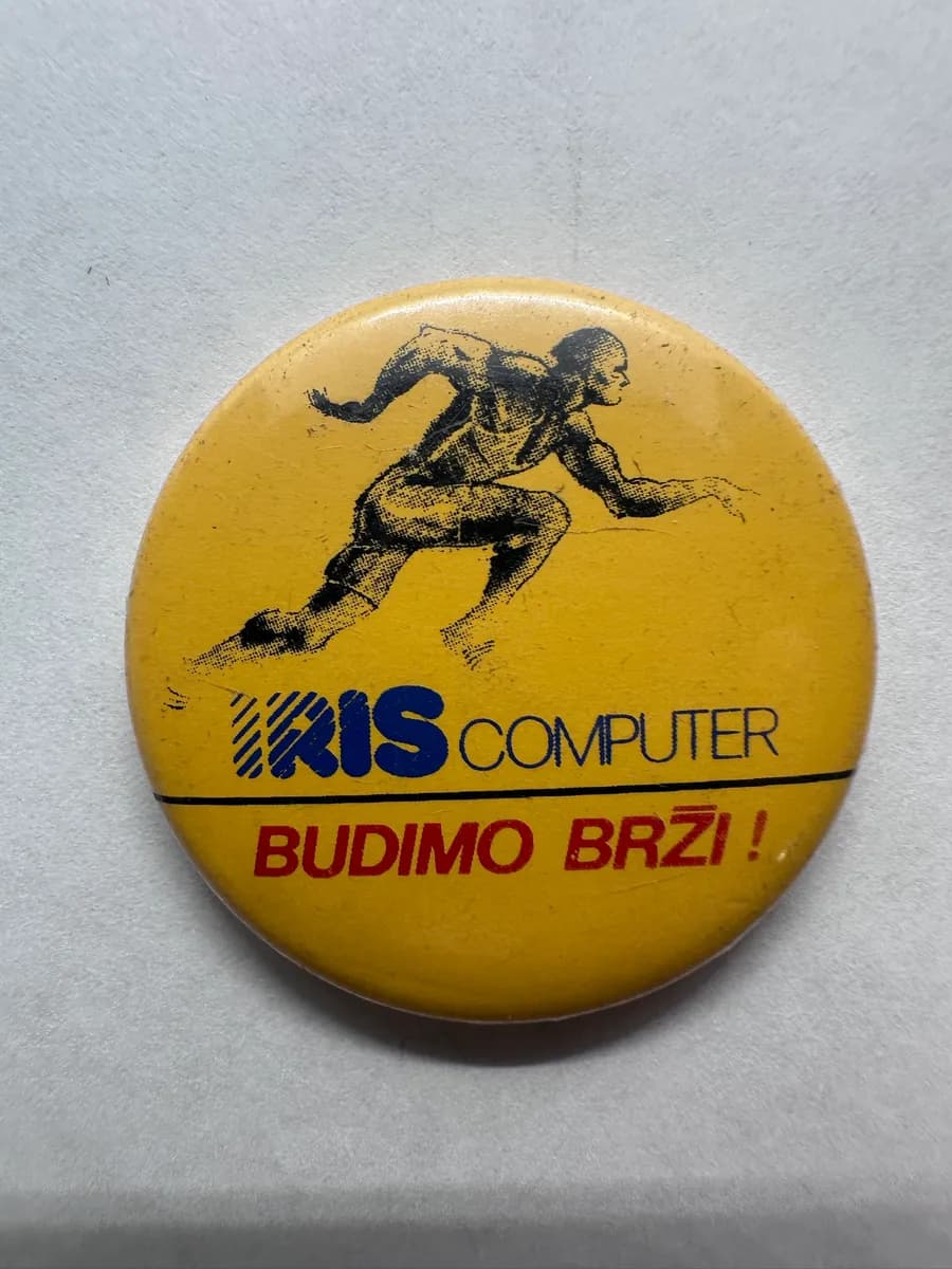 Vintage Yugoslav IRIS Computer "Budimo Brži!" Tin Pinback Button, 1980s