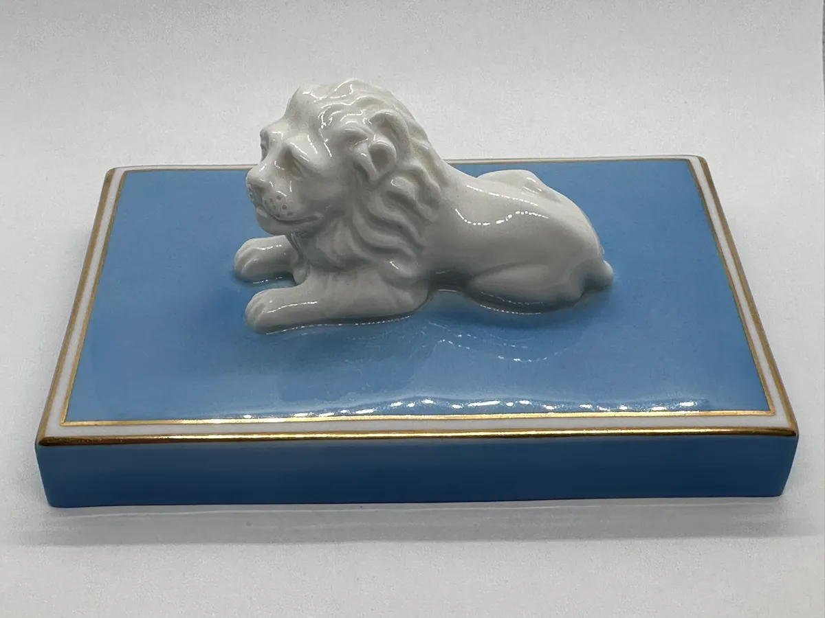 Nymphenburg Porcelain Bavarian Lion Paperweight - Blue and Gold Decorated Edition