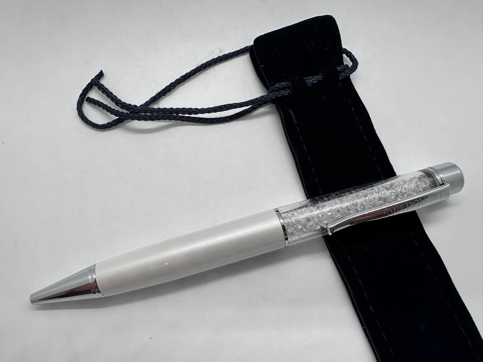 Swarovski Crystalline Ballpoint Pen, White Pearl Lacquer with Clear Crystals, Velvet Pouch