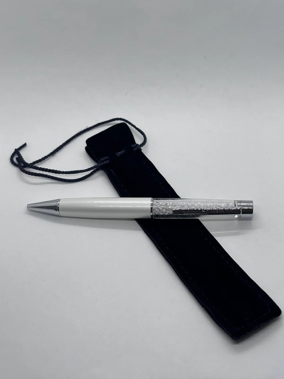 Swarovski Crystalline Ballpoint Pen, White Pearl Lacquer with Clear Crystals, Velvet Pouch 2