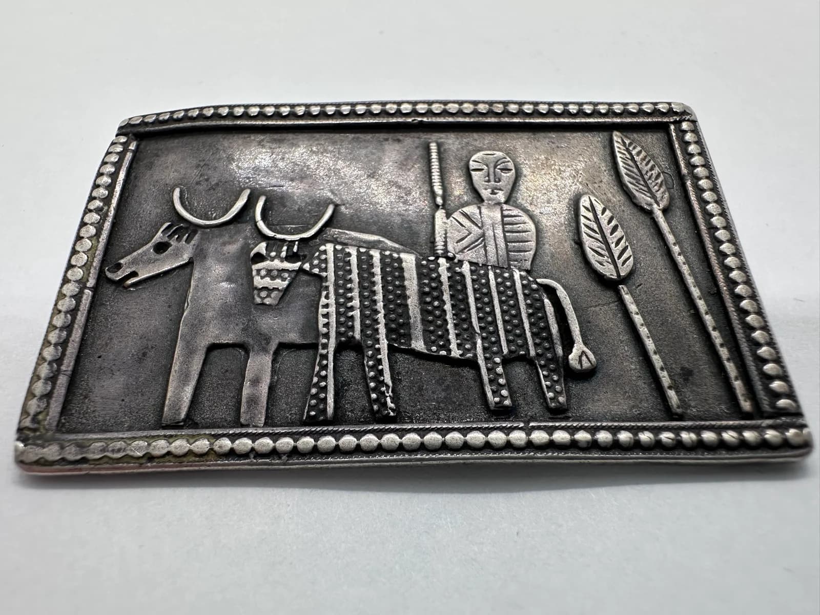Vintage 925 Sterling Silver Artisan Brooch, Oxen and Spear Bearer Tribal Scene, 20.9g