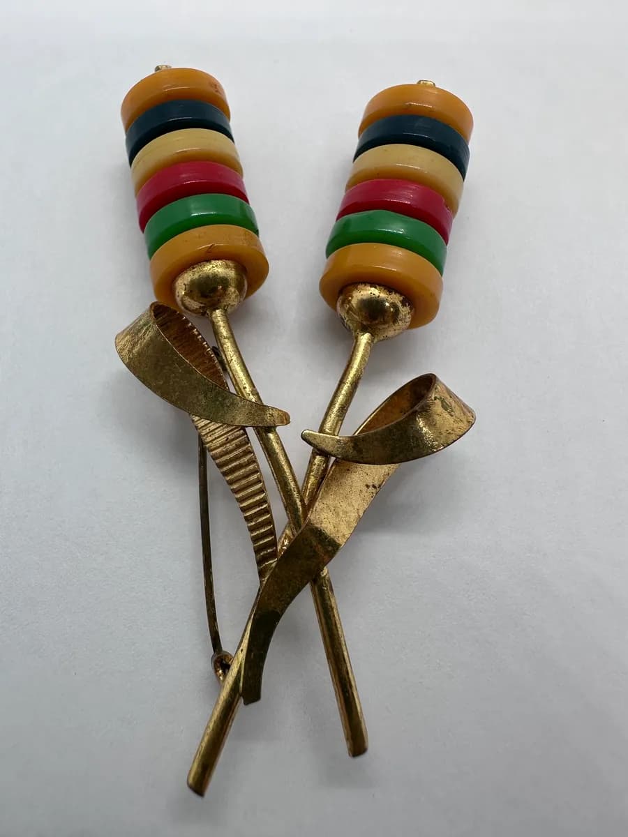 Vintage Cherry Drop Brooch - Stacked Disc Pendants Believed Bakelite, Gilt Metal Frame