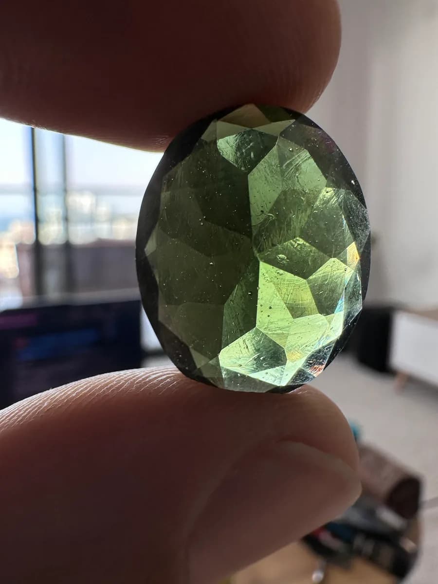 Natural Faceted Moldavite 18.85 ct Oval, Czech Tektite, Specific Gravity Tested