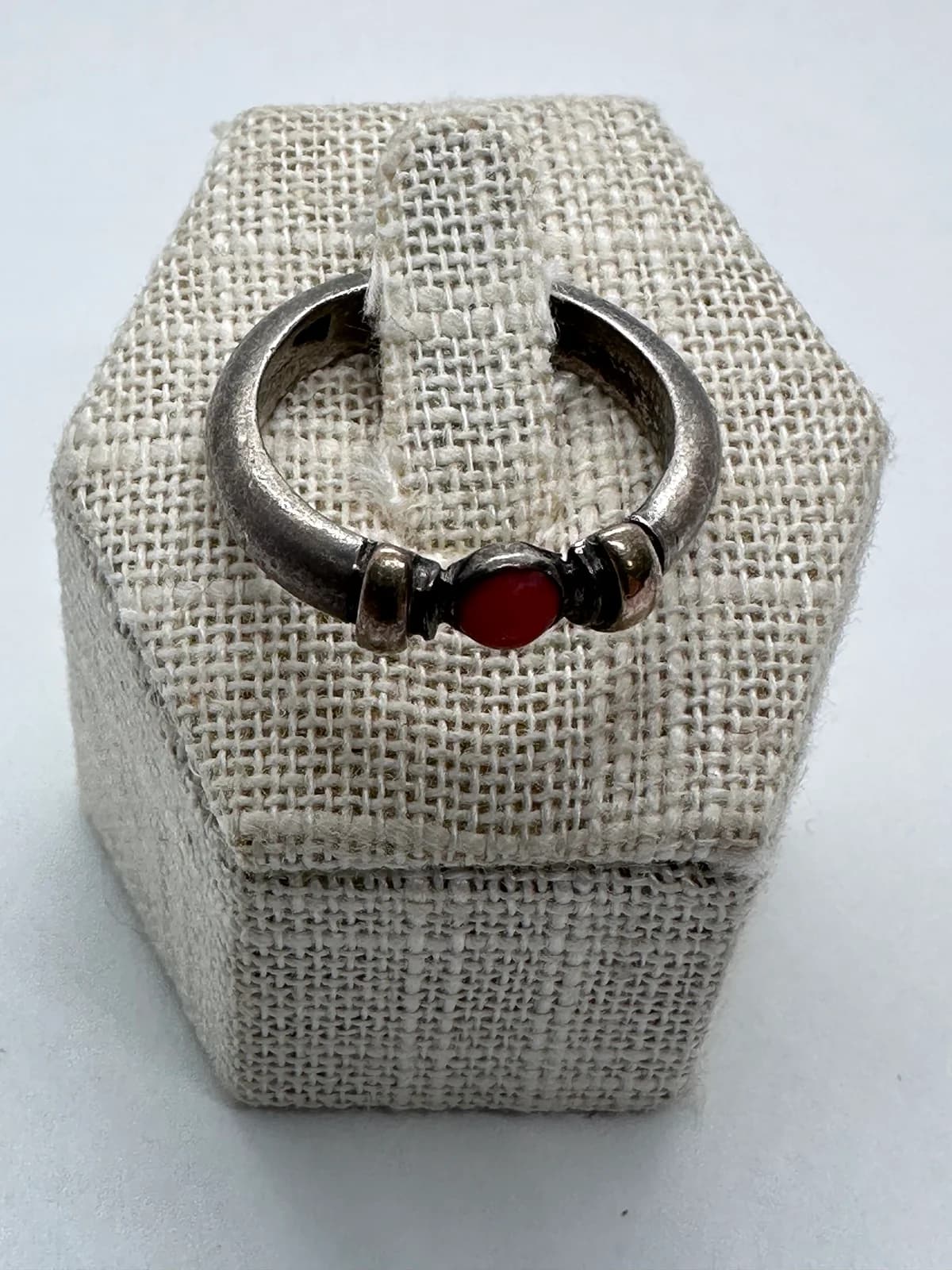 Vintage Sterling Silver Ring with 14K Gold Accents and Red Cabochon, US 8