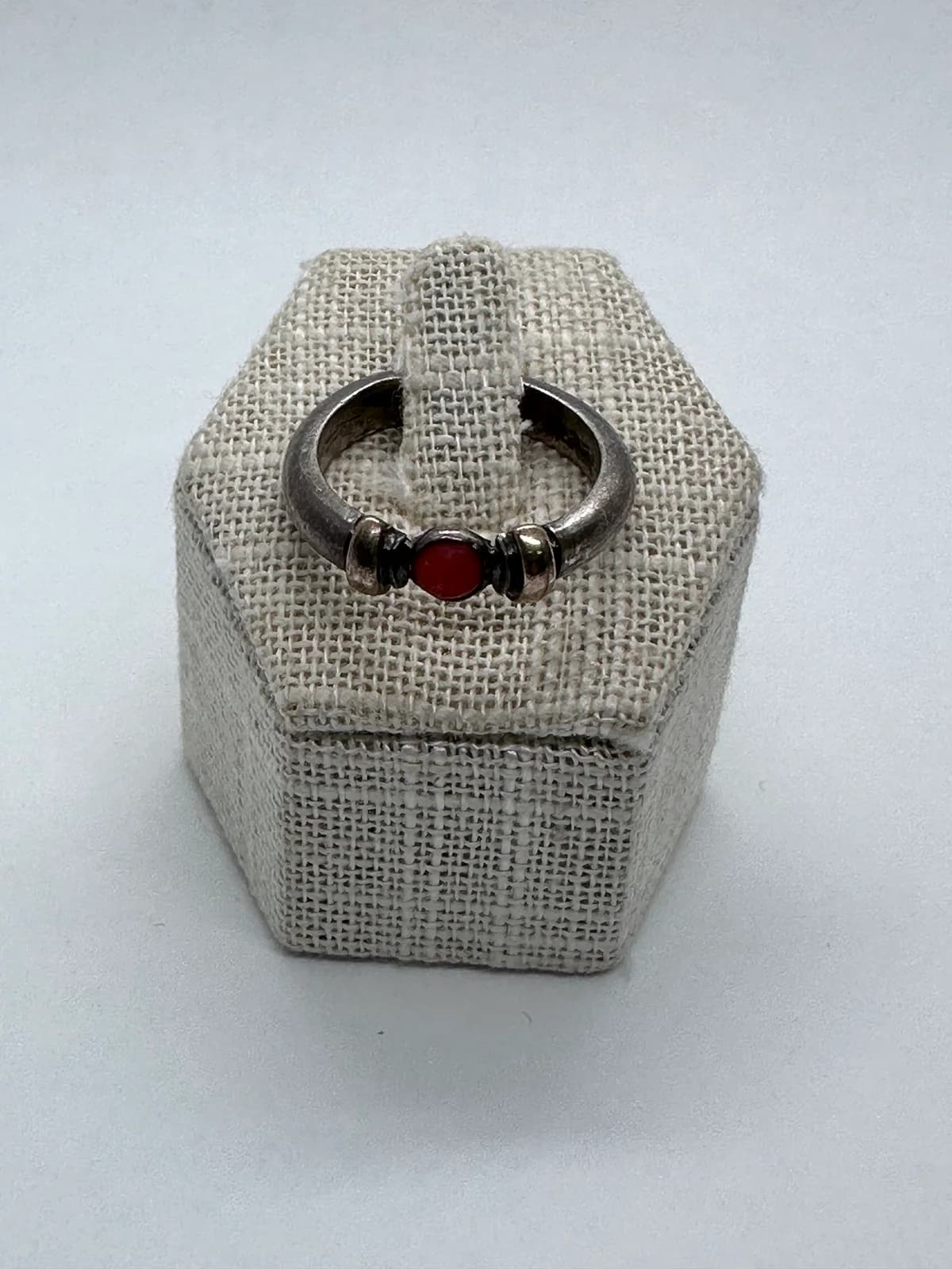 Vintage Sterling Silver Ring with 14K Gold Accents and Red Cabochon, US 8 2