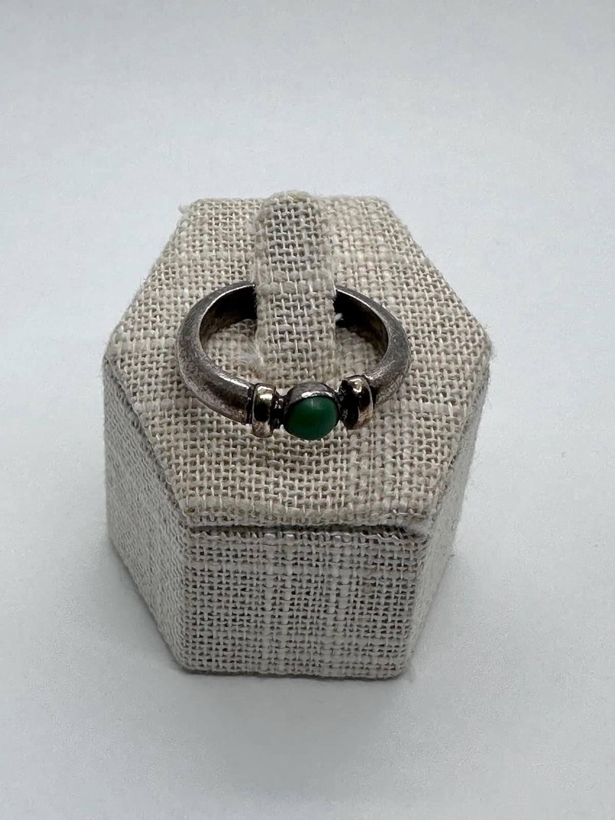 Vintage Sterling Silver Ring with 14K Gold Accents and Green Cabochon, US 8 2