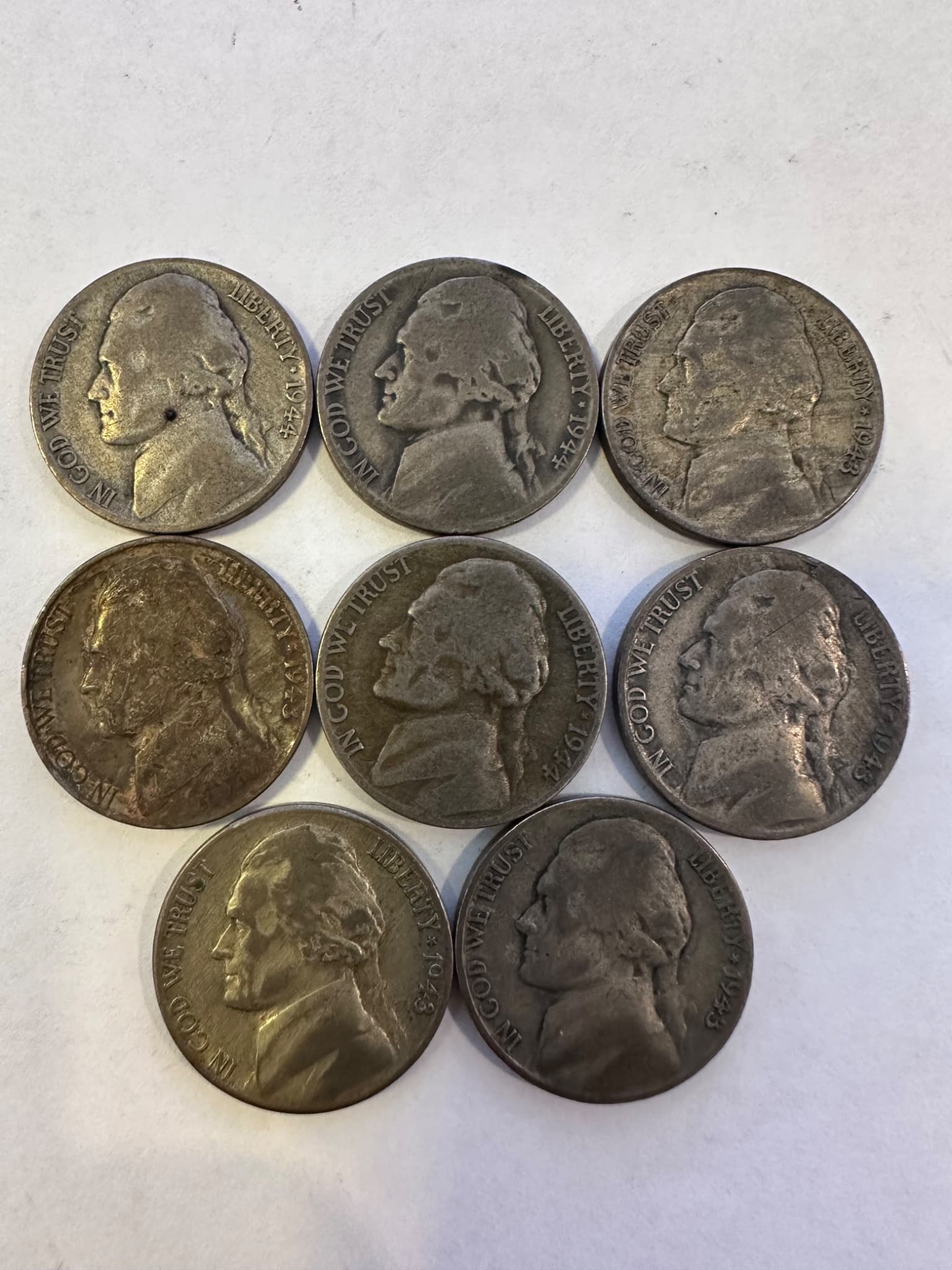8x U.S. Silver War Nickels (1942–1945) – 35% Silver – P/D/S Mintmarks