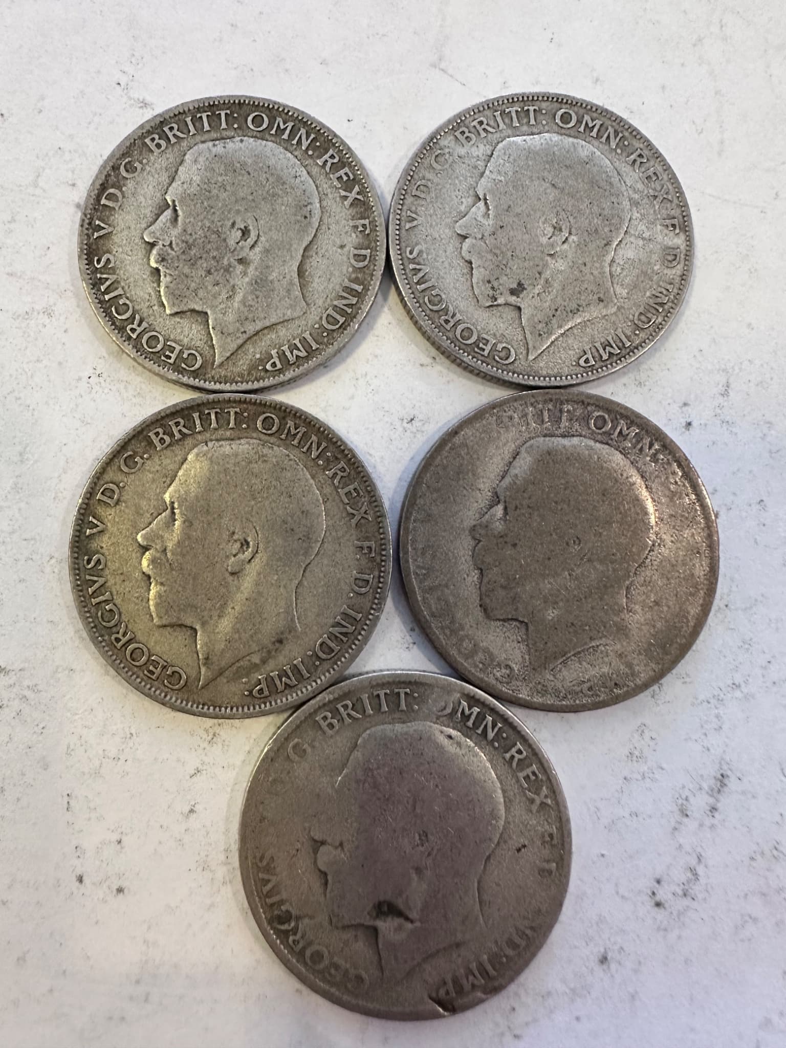 Lot of 5 UK Silver Florins 1920s King George V One Florin 0.500 Silver Coins