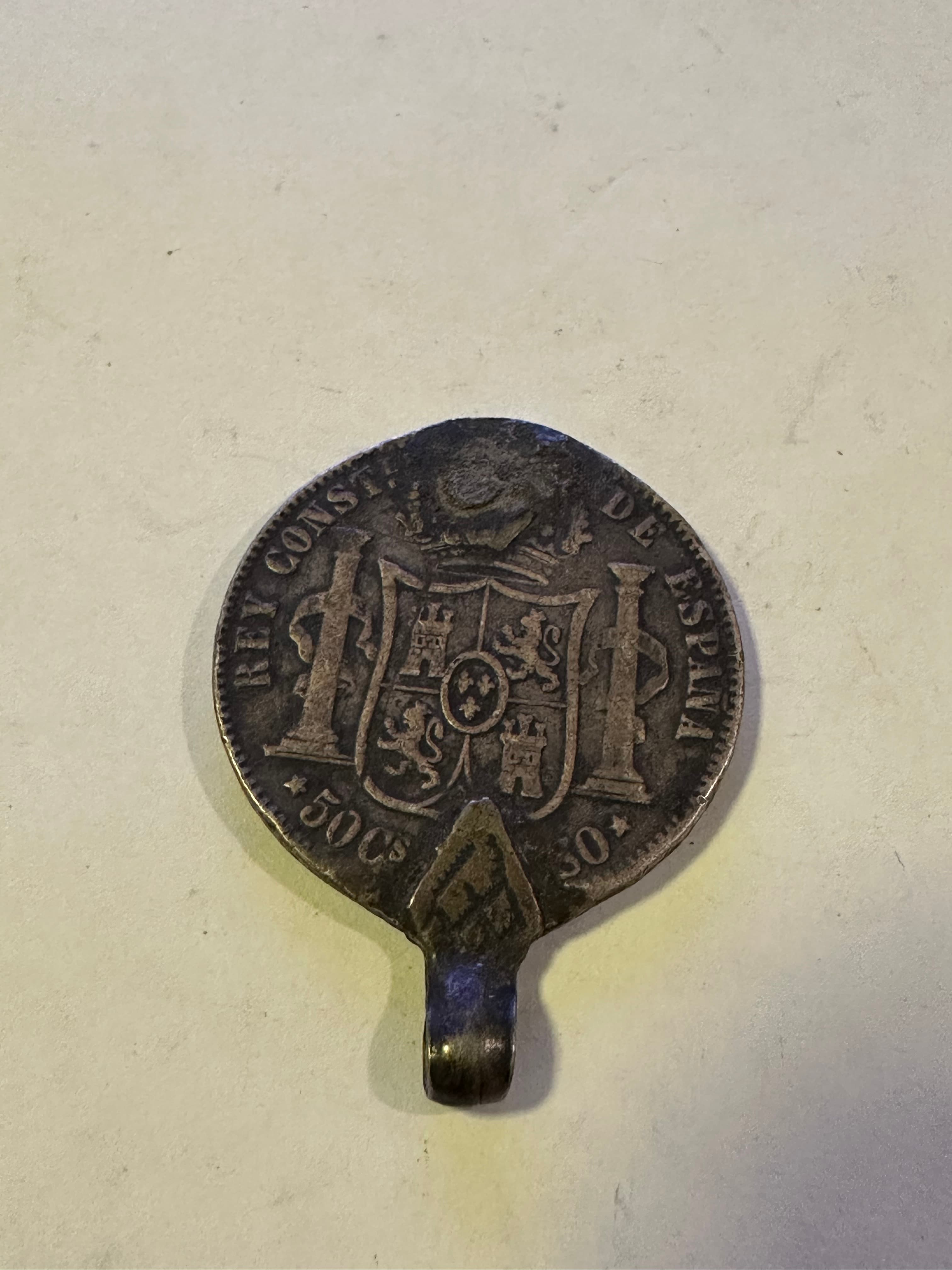 Spanish Philippines 1885 50 Centavos Silver Coin Pendant Alfonso XII