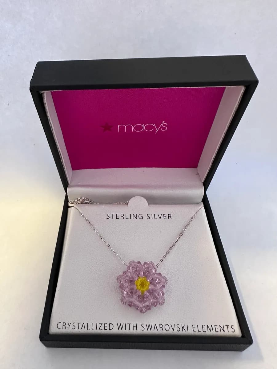 Macy’s Sterling Silver Swarovski Crystal Pink Flower Necklace in Box
