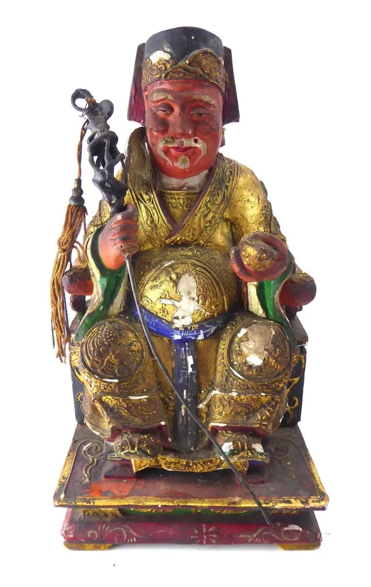 Antique Chinese Carved and Polychrome Gilt Wood Figure of a Seated Deity