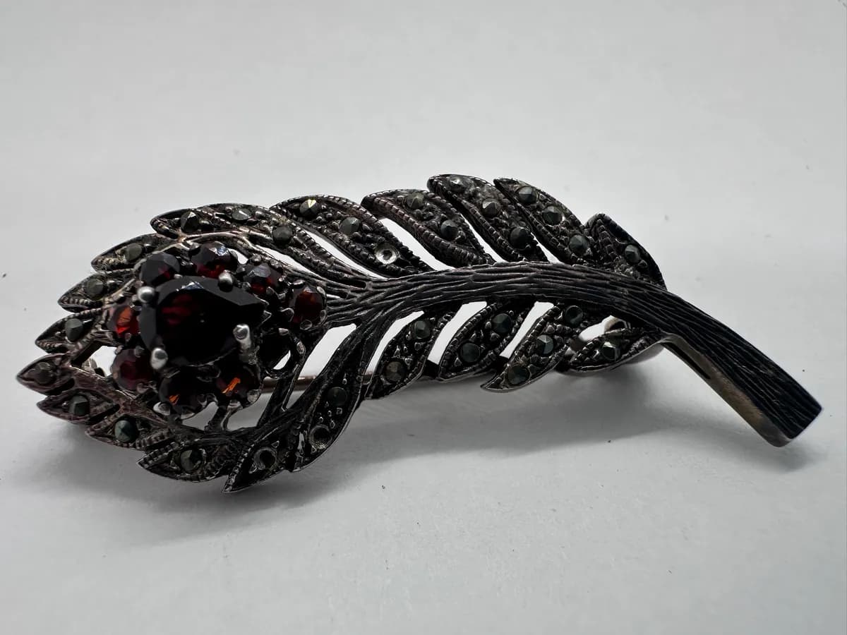 Vintage Sterling Silver Peacock Feather Brooch, Garnet Cluster and Marcasite, 925