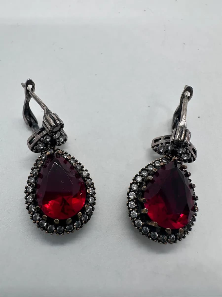 Turkish Ottoman Style Sterling Silver Earrings, Red Pear Stone, Clear Halo, Leverback