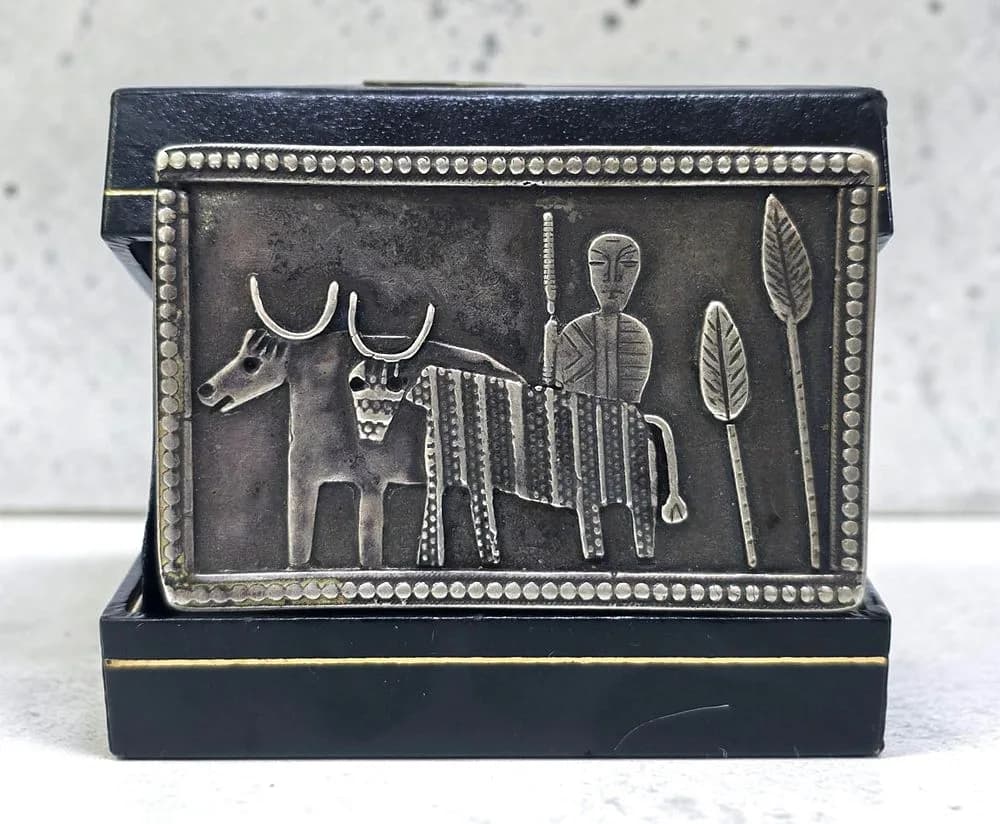 Vintage 925 Sterling Silver Artisan Brooch, Oxen and Spear Bearer Tribal Scene, 20.9g