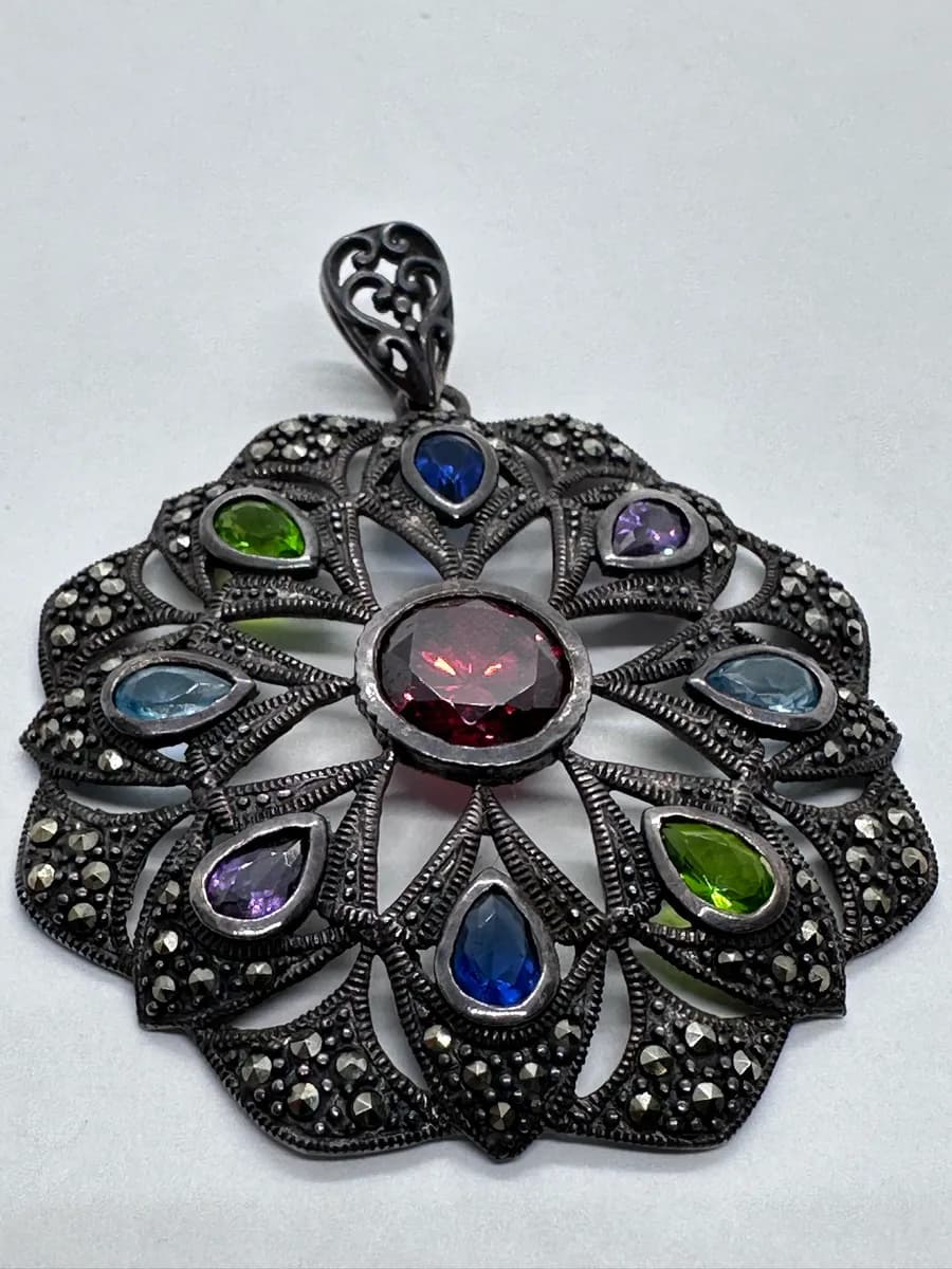 Vintage Sterling Silver Marcasite Multi-Gemstone Flower Pendant, Hallmarked, 17.2g