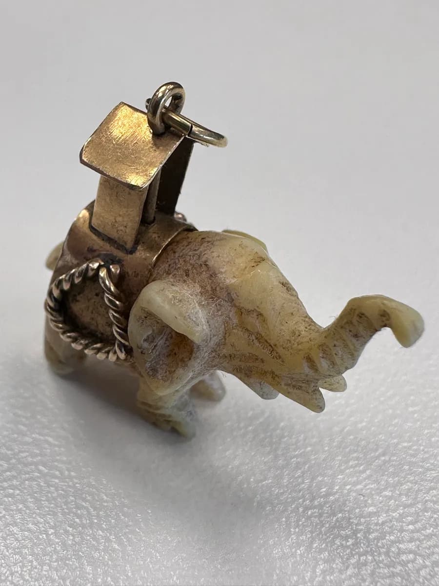 Vintage Indian Carved Bone Elephant Pendant with 22K Gold Howdah, 22x24mm, 2.9g
