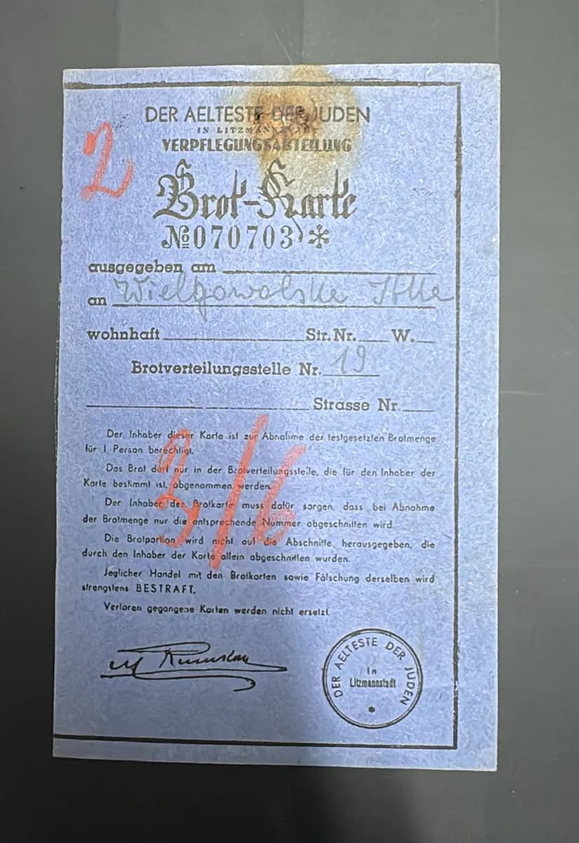 Original Lodz Ghetto (Litzmannstadt) Bread Ration Card "Brot-Karte", Der Aelteste der Juden, Rumkowski, c. 1942