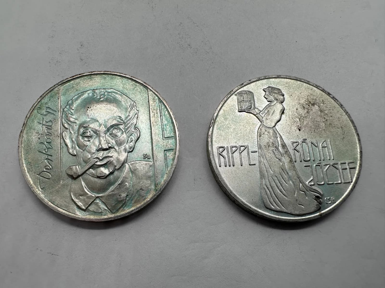 Pair Hungary 200 Forint Silver Coins, 1976 Derkovits Gyula and 1977 Rippl-Rónai József, Painters Series