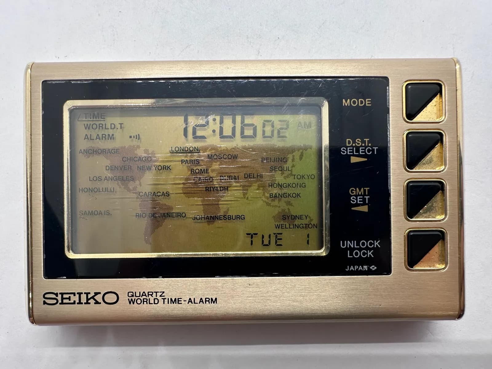 Vintage Seiko Quartz World Time Alarm Travel Clock, 1980s Japan, Working, with Seiko Pouch