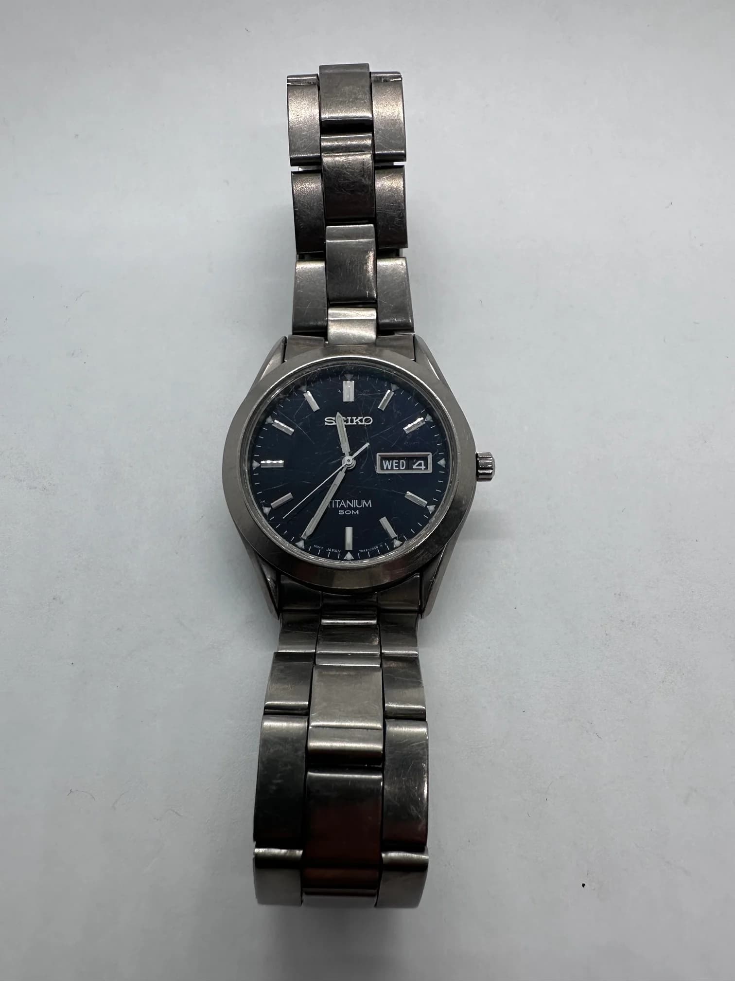 Seiko Titanium 7N43-0AB0 Day-Date Quartz Watch, Blue Dial, 1998, Original Titanium Bracelet