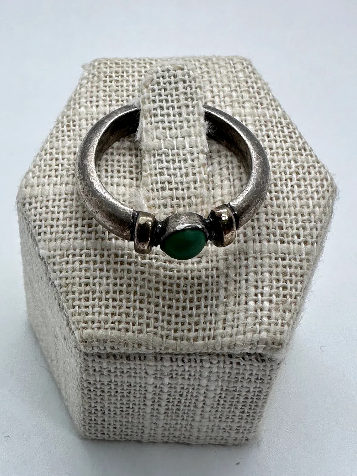 Vintage Sterling Silver Ring with 14K Gold Accents and Green Cabochon, US 8