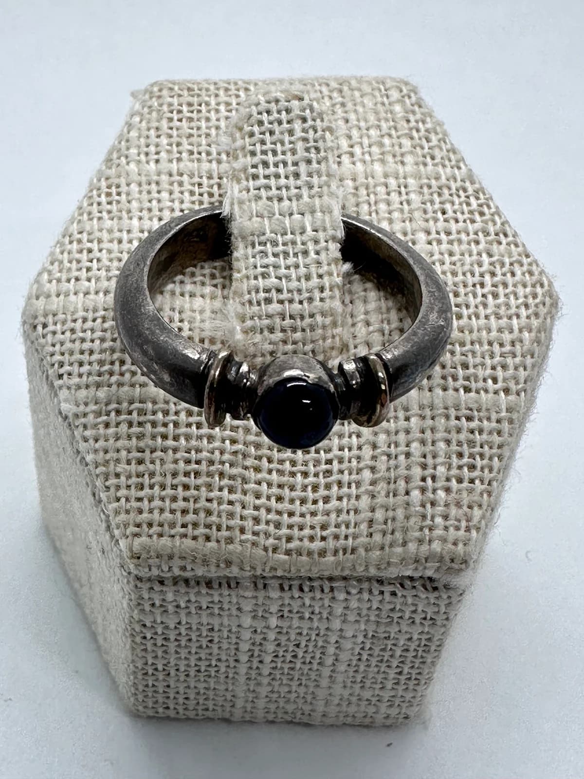 Vintage Sterling Silver Ring with 14K Gold Accents and Blue Cabochon, US 8
