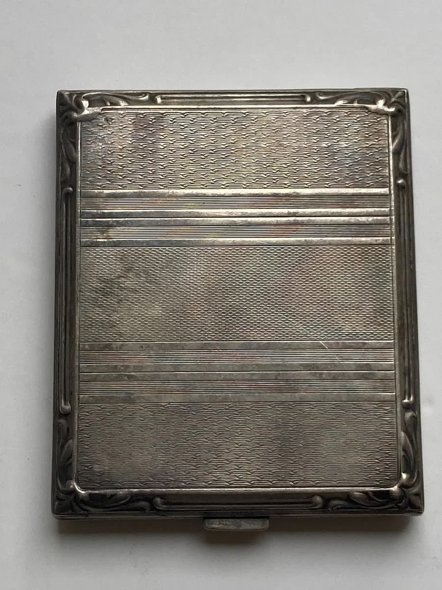 Art Deco Alpaka Cigarette Case, Engine-Turned, Gilt Interior, Hebrew Dedication